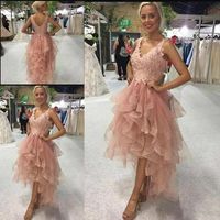 Wholesale Gorgeous High Low Pink Prom Dresses cascade Gothic V Neck organza Ruffles Top Lace Beautiful Short Evening Gowns Sexy Low V Back Cocktail