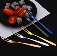Wholesale Stainless Steel Two tine Fruit Fork Dessert Cake Scraper Salad Fork Home Kitchen Tableware Dinnerware Cutlery Kitchen Supply Colors DHL