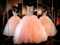 Wholesale Cheap Peach Quinceanera Ball Gown Dresses Jewel Neck Crystal Beaded Tulle Tiered Ruffles Long Sweet Formal Party Dress Prom Evening Gowns