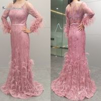 Wholesale Real Pictures Noble Evening Formal Dress Lace Mermaid Long Sleeves Feather Prom Party Wear Maxi Gowns