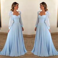 Wholesale Elegant Sky Blue Chiffon A line Long Lantern Sleeves Prom Evening Event Dresses High Waist Summer Bohemian Strapless Prom Party Wear Gowns