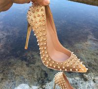 Wholesale extra size to luxury red bottom shoes gold rivets spikes desiger high heels genuine leather pointed stiletto heels