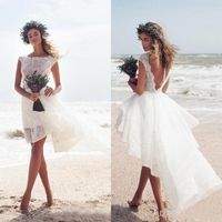 Wholesale Casual Style Lace Beach Wedding Dresses Backless Cap Sleeve Boat Neck High Low Elegant Bridal Gowns Vestido De Noiva Custom Size