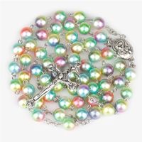 Wholesale Lady Fashion Colorful Bead Pearl Necklaces Catholic Christian Jesus Cross Rosary Long Pendant Necklace Religious Jewelry Styles