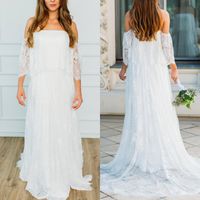 Wholesale Sexy Bohemian Off Shoulder Wedding Dress Strapless Plus Size Backless Beach Bridal Gown With Long Lace Tail