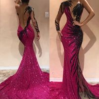 Wholesale 2020 One Shoulder Sequins Mermaid Celebrity Reflective Prom Dresses Tulle Long Sleeve Lace Applique Party Evening Gowns BC0468