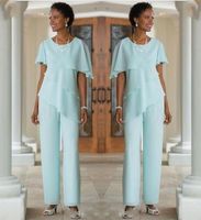 Wholesale 2020 Mother Of The Bride Dresses Pants Suits Wedding Guest Dress Silk Chiffon Short Sleeve Tiered Mother of Bride Pant Suits Custom Made