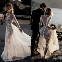 Wholesale Sparkly Sexy Wedding Dresses Deep V Neck Sequined Beads Boho Illusion Bridal Gowns Backless Long Sleeve Beach Wedding Dress