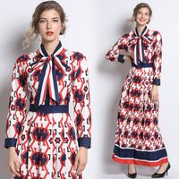 Wholesale Luxury Fashion Runway Bow Shirt Dress Women Designer Button Front Lapel Printed Dresses Spring Autumn Winter Sexy Slim Party Prom Ladies Long Sleeve Frock