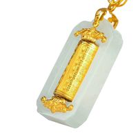 Wholesale Fine Jewelry Solid K Yellow Gold Hetian Jade Magic Text Degree Rotation Pendant Necklace Gifts
