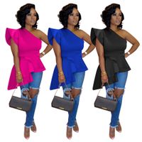 Wholesale 2020 Summer Women Ruffle Top One Shoulder T Shirt Sleeveless Tops Irregular Hem Tshirt Casual Clothes Rose Red Blue Black S XL