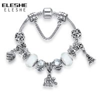 Wholesale eleshe silver color murano glass beads bracelet for women animal owl charms bracelets bangles diy heart pulseiras jewelry