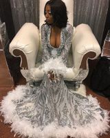 Wholesale Sparkle Sequin White and Silver Mermaid Prom Dresses with Feathers Train Long Sleeve Black Girls Plus Size Graduation Gala evening Dress