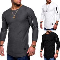 Wholesale Mens Streetwear Solid Color T Shirts Arm Zipper Design Sweaters Long Sleeve Tshirts Hip Hop Casual Crew Neck Tops