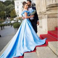 Wholesale Top Quality A Line Blue wedding dress Strapless Offer The Shoulder Lace Up Back Court Train Satin Pretty Bridal Simple Gowns For Bride
