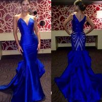 Wholesale Elegant Royal Blue Evening Dress Long Sleeveless Satin Mermaid Prom Dresses Back Sequined Miss USA Pageant Party Gowns