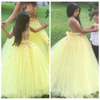 Wholesale Sheer D Flowers Adorned Yellow Prom Dresses Vintage Custom Mother And Daughter Matching Party Gowns Kids Flower Girls Dress Formal