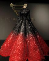Wholesale Ombre Sequined Prom Dresses High Neck Long Sleeve Red And Black Evening Gowns Dubai Arabic A Line Formal Wear