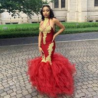Wholesale Gold Lace Appliques Red Mermaid Prom Dresses Sexy Halter Neckline Backless Evening Gowns Long Party Dress