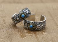 Wholesale 925 sterling silver fashion jewelry men and women vine flower opening ring set with turquoise stone silver ring