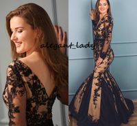 Wholesale Black Lace Nude Lining Mermaid Prom Dresses with Long Sleeve Sexy Backless V neck Full length Trumpet Occasion Evening Party Gown