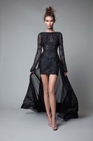 Wholesale Berta Black Long Sleeves Short Evening Dresses With Detachable Train Sexy Open Back Lace Appliqued Sheath Prom Party Gown