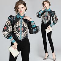 Wholesale Ladies Luxury Retro Print Black Designer Shirts Casual Office Long Sleeve Spring Fall Runway Womens Button Turndown Neck Blouses Tops New