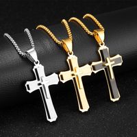 Wholesale Fashion Male Stereo Three layers Cross Pendant Black Gold color Stainless Steel Jesus Cross Pendant Necklace Jewelry For Men
