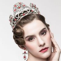 Wholesale Red and Green Pageant Quinceanera Wedding Crowns For Women Bling Rhinestone Beading Hair Jewelry Bridal Headpieces Earrings Party Gowns