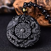 Wholesale Natural Black Obsidian Carving Dragon and Phoenix Necklace Pendant Obsidian BaGua Lucky Pendant Healing Reiki Gift