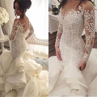Wholesale 2019 Plus Size Organza Mermaid Wedding Dresses New Arrival Lace Long Sleeve Muslim Vestido De Noiva Romantic Appliques Ruffles Wedding Gowns