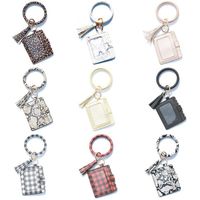 Wholesale fashion Leather Bracelet Keychain Leopard Plaid PU Tassel Credit Card Wallet Wristlet Coin Purse Card bag Party FavorT2C5256