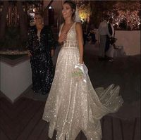 Wholesale A Line Wedding Dresses Sparkly White Sequined Backless Boho Glitter Wedding Bride Gowns Robe De Soiree