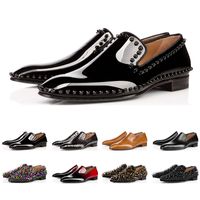 Wholesale With box fashion designer mens shoes loafers black red spike Patent Leather Slip On Dress Wedding flats bottoms Shoe for Business Party