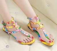 Wholesale Hot Sale Fashion Size Sandals Women Designer Brand Rivets Flip Flops T Strap sandals Ankle Belt Roman Shoes