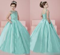 Wholesale New Shinning Girl s Pageant Dresses Sheer Neck Beaded Crystal Satin Mint Green Flower Girl Gowns Formal Party Dress For Teens Kids