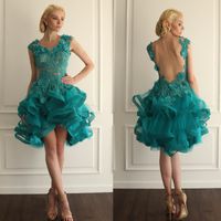 Wholesale 2020 Emerald Green Short Prom Dresses Appliques Lace Tiered Skirt High Low Backless Homecoming Dress Formal Party Gowns Custom Made