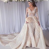 Wholesale Detachable Train Champagne Mermaid Wedding Dresses Arabic Dubai Style Sheer Long Sleeves Appliques Beaded Sequins V Neck Long Bridal Gowns