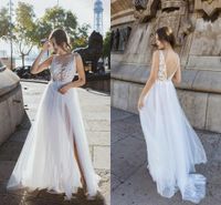 Wholesale New Arrival Romantic Summer Beach A Line Wedding Dresses Sheer Neck Lace Appliques Beads Tulle Side Split Open Back Wedding Bridal Gowns