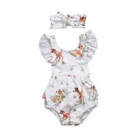 Wholesale Baby Girls Deer Printed Summer Romper With Headband Hairband Cartoon Elk Jumpsuit Ruffle Sleeve Lovely Infant Outfit