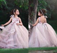 Wholesale Adorable Flower Girls Dresses Jewel Neck Hand Made Flowers Beaded Sleeveless Long Birthday Toddler Girl Pageant Gowns Open Back