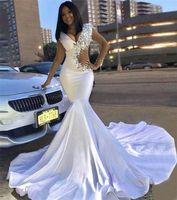 Wholesale 2019 White Beaded Mermaid Prom Dresses Black Girls Vintage Cut Out Evening Gowns Crystals Ruched Long Sexy Cutaway Dress