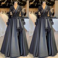 Wholesale 2020 Sexy Dark Gray Lace Applique A line Masquerade Quinceanera Dresses Vintage Long Sleeves Evening Gown Arabic Plus Size Pageant Dress