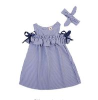 Wholesale New Summer Dress Toddler Kids Baby Girls Lovely Birthday Clothes Blue Striped Off shoulder Ruffles Party Gown Dresses GB266