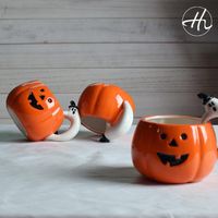 Wholesale Pumpkin Ceramic Mug with Ghost Handle Halloween Gift Ceramic Water Cups Pumpkin Head Cup OOA7281