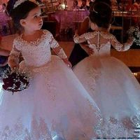 Wholesale 2020 Vintage Flower Girls Dresses Ivory Baby Infant Toddler Baptism Clothes With Long Sleeves Lace Tutu Ball Gowns Birthday Party Dress