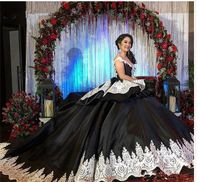 Wholesale Gothic wedding dresses Gown Plus Size For Women V neck Black And White Lace Designer Applique Ruched Satin Princess Bridal Gowns Custom Made