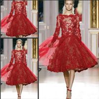 Wholesale Zuhair Murad Lace Evening Dresses Short Red Long Sleeves Illusion Sheer Neck Knee Length Prom Party Homecoming Dresses For Girls