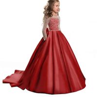 Wholesale Red Christmas Fancy Flower Girl Dress Floor Length Button Draped Pink Long Sleeves Tulle Ball Gowns for Kids Formal Occasion