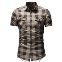 Wholesale Men Plaid Shirts Short Sleeve Slim Fit Turn Down Collar Shirts with Pockets Colors Summer Ripped Shirt Plus Size M XL